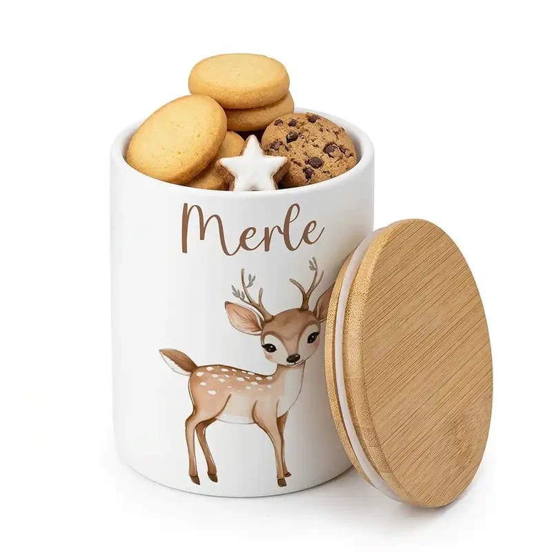 Personalisierte Keksdose Rehkitz Bambi – Keramik & Bambus mit Wunschname
