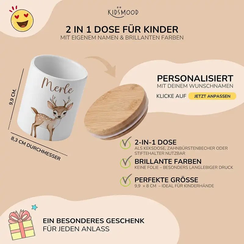 Personalisierte Keksdose Rehkitz Bambi – Keramik & Bambus mit Wunschname