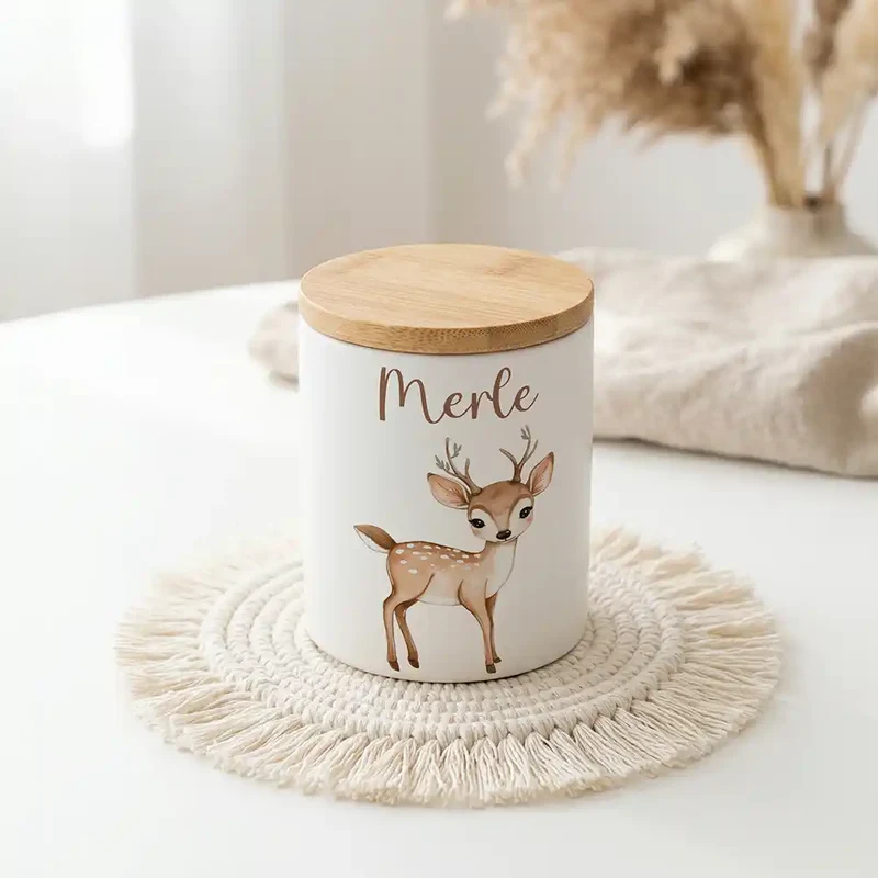 Personalisierte Keksdose Rehkitz Bambi – Keramik & Bambus mit Wunschname
