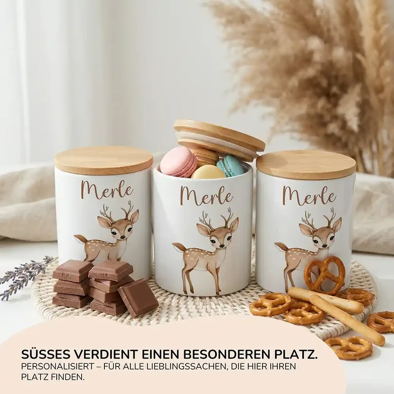 Personalisierte Keksdose Rehkitz Bambi – Keramik & Bambus mit Wunschname