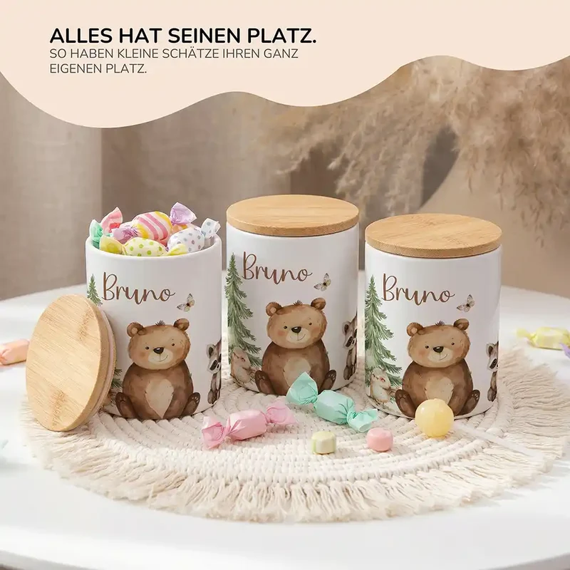 Personalisierte Keksdose Bär & Waschbär – Keramik & Bambus mit Wunschname