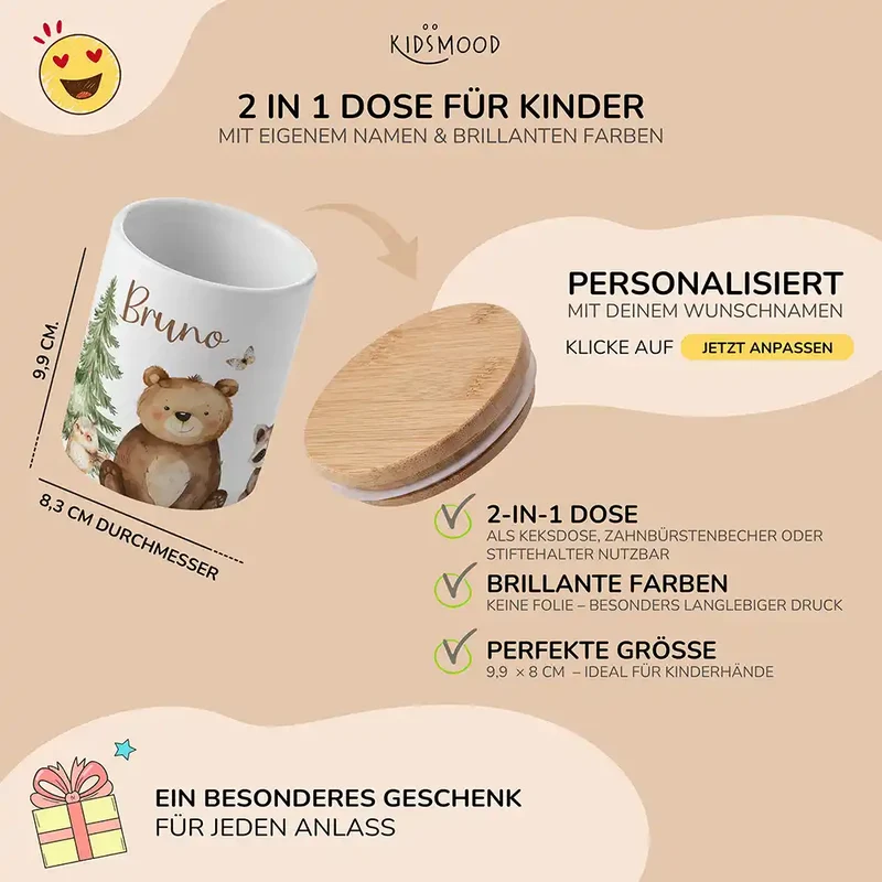 Personalisierte Keksdose Bär & Waschbär – Keramik & Bambus mit Wunschname