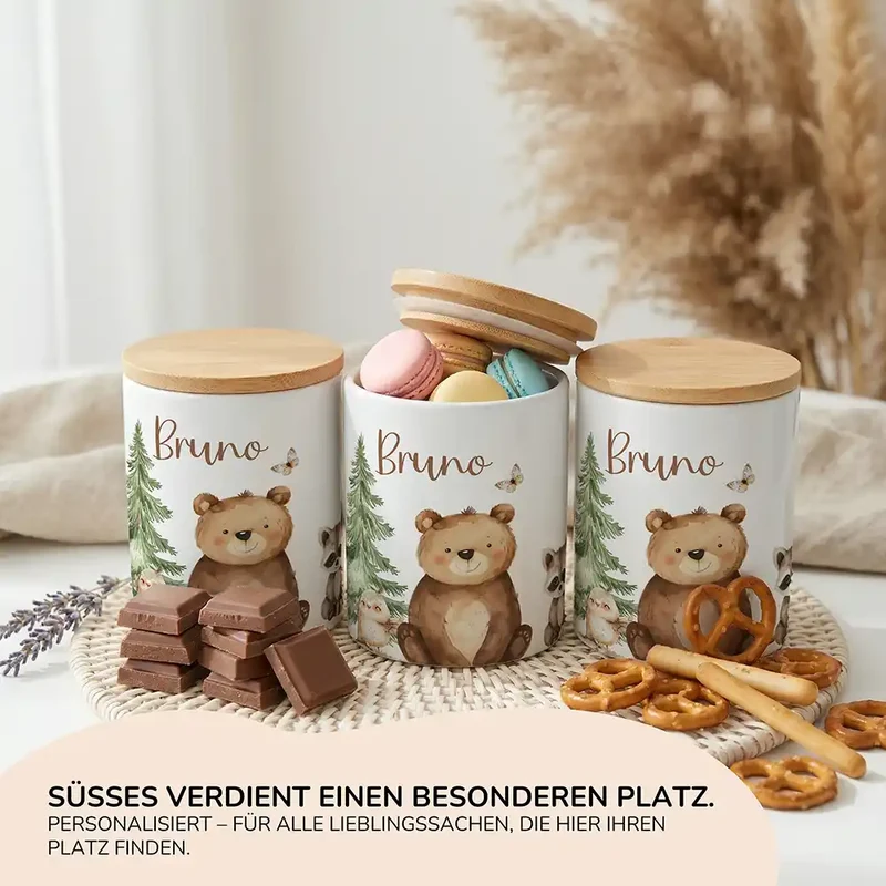 Personalisierte Keksdose Bär & Waschbär – Keramik & Bambus mit Wunschname