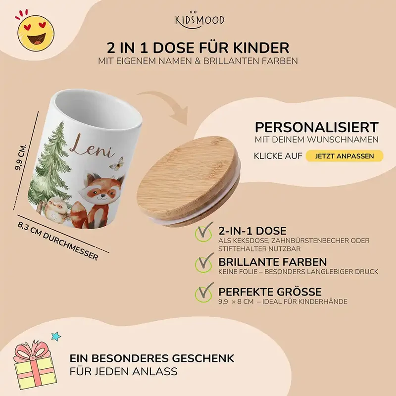 Personalisierte Keksdose Roter Panda & Eule – Keramik & Bambus mit Wunschname
