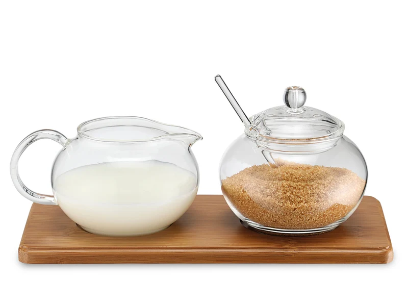 Zucker- / Sahne Set Glas mit Bambustablett