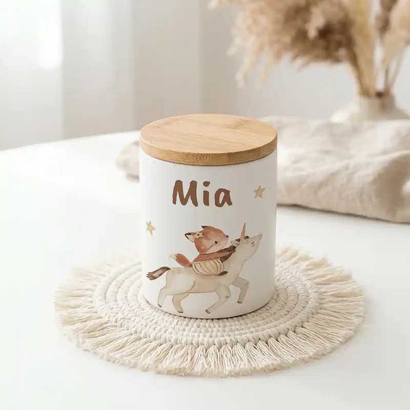 Personalisierte Keksdose Fuchs & Einhorn – Keramik & Bambus mit Wunschname