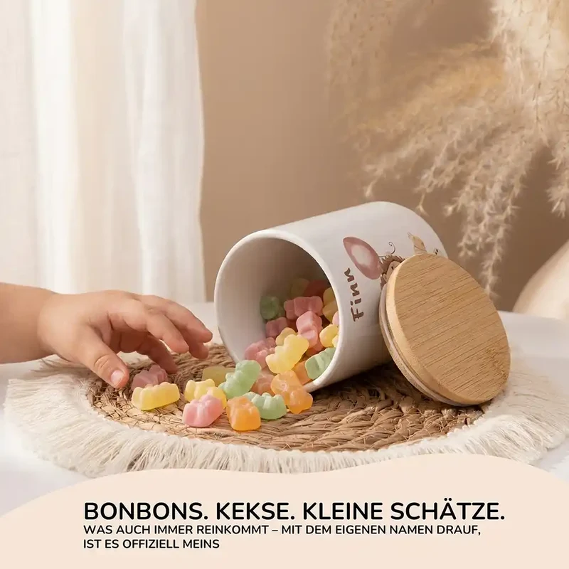 Personalisierte Keksdose Löwe Geburtstag – Keramik & Bambus mit Wunschname