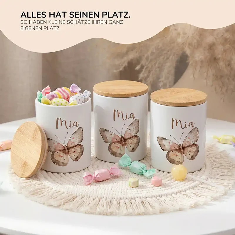 Personalisierte Keksdose Schmetterling – Keramik & Bambus mit Wunschname