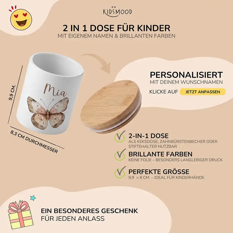 Personalisierte Keksdose Schmetterling – Keramik & Bambus mit Wunschname