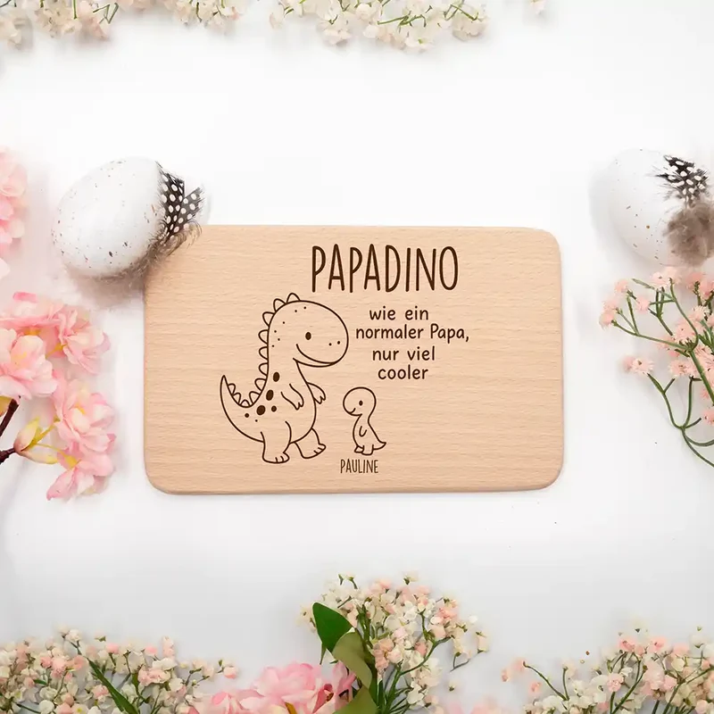 Frühstücksbrettchen Holz Dino mit Gravur - Geschenk Vatertag