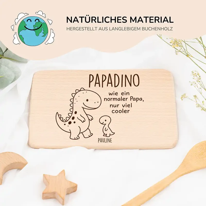 Frühstücksbrettchen Holz Dino mit Gravur - Geschenk Vatertag