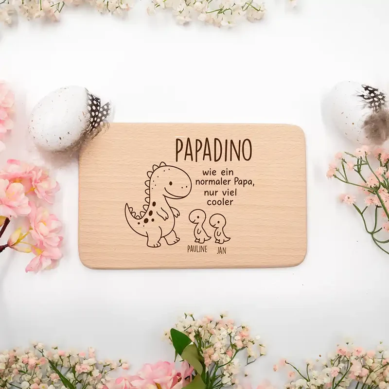 Frühstücksbrettchen Holz Dino mit Gravur - Geschenk Vatertag