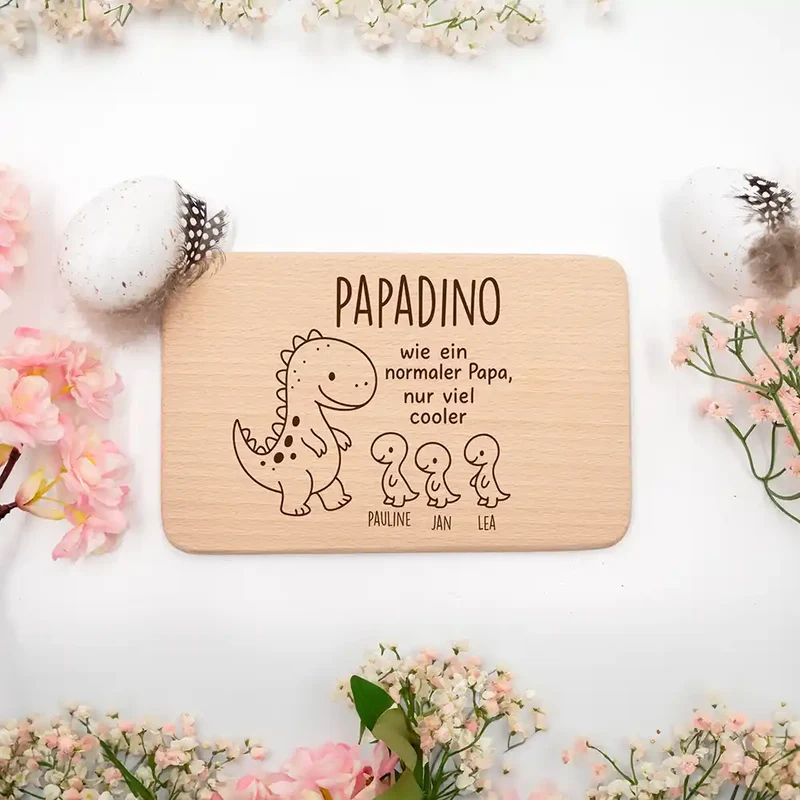 Frühstücksbrettchen Holz Dino mit Gravur - Geschenk Vatertag