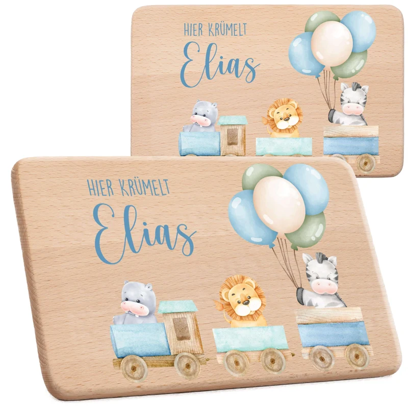 Frühstücksbrettchen Holz personalisiert Tiere Eisenbahn