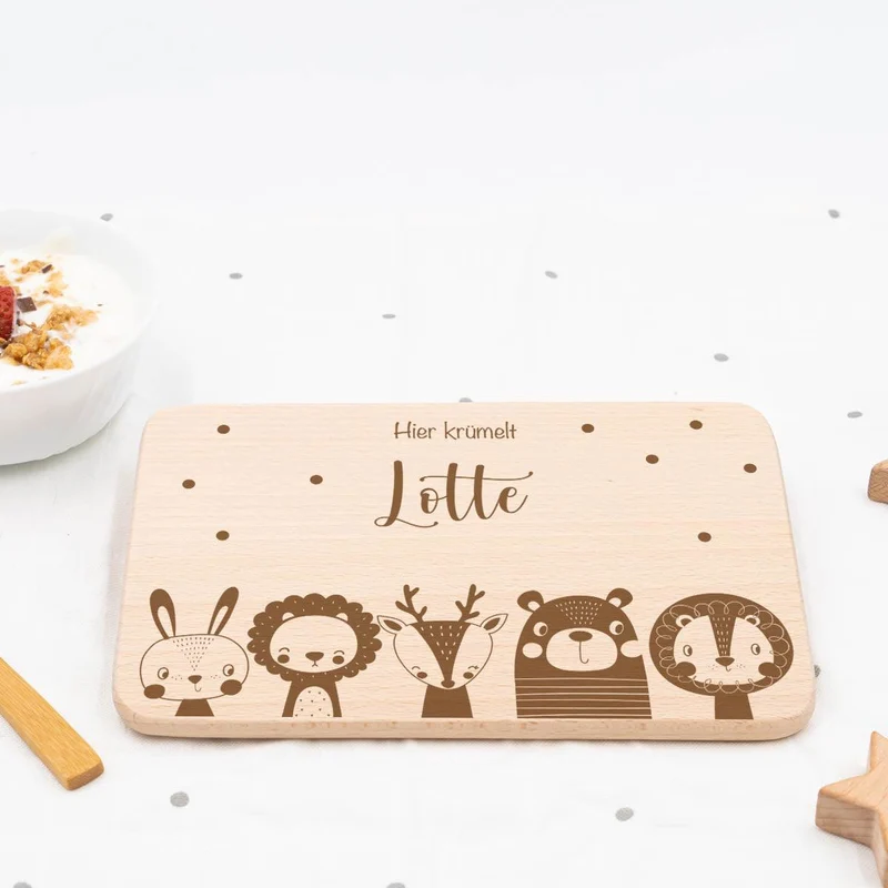 Frühstücksbrettchen Holz personalisiert - niedliche Tiermotive