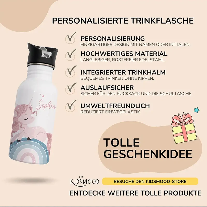 Trinkflasche Kinder Edelstahl - Regenbogen Einhorn