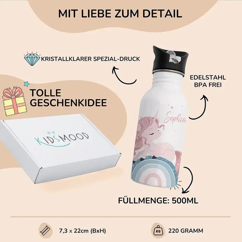 Trinkflasche Kinder Edelstahl - Regenbogen Einhorn