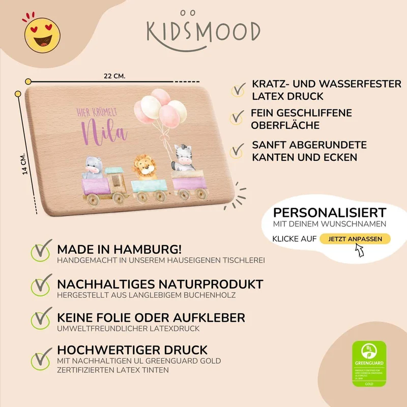 Frühstücksbrettchen Holz personalisiert - Tiere Eisenbahn