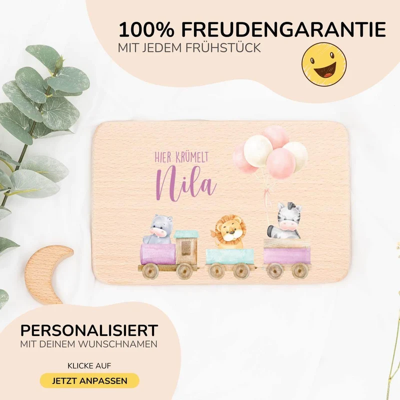 Frühstücksbrettchen Holz personalisiert - Tiere Eisenbahn