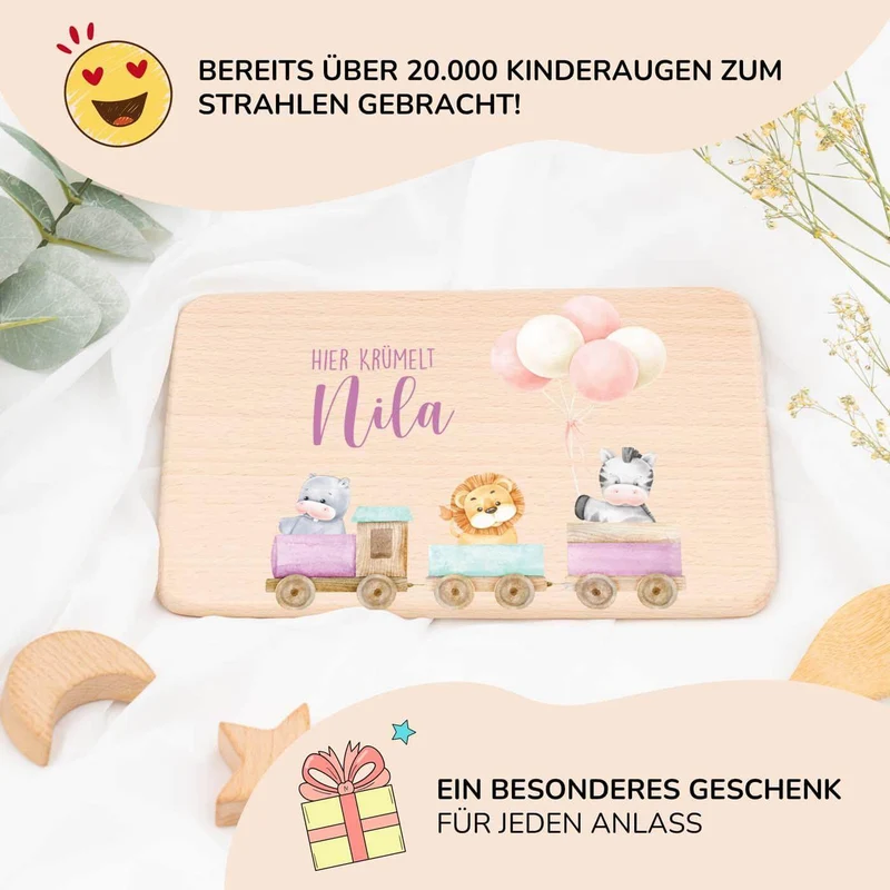 Frühstücksbrettchen Holz personalisiert - Tiere Eisenbahn