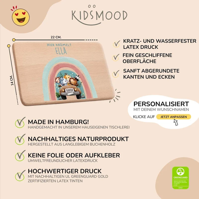 Frühstücksbrettchen Holz personalisiert - Regenbogen Safari