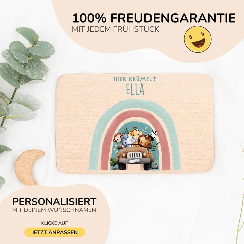 Frühstücksbrettchen Holz personalisiert - Regenbogen Safari