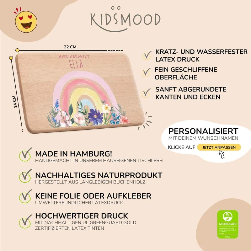 Frühstücksbrettchen Holz personalisiert - Blumen Regenbogen