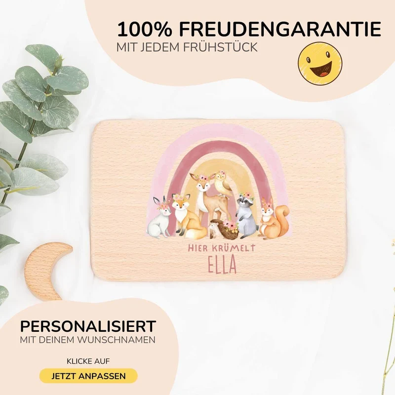 Frühstücksbrettchen Holz personalisiert - Regenbogen Waldtiere