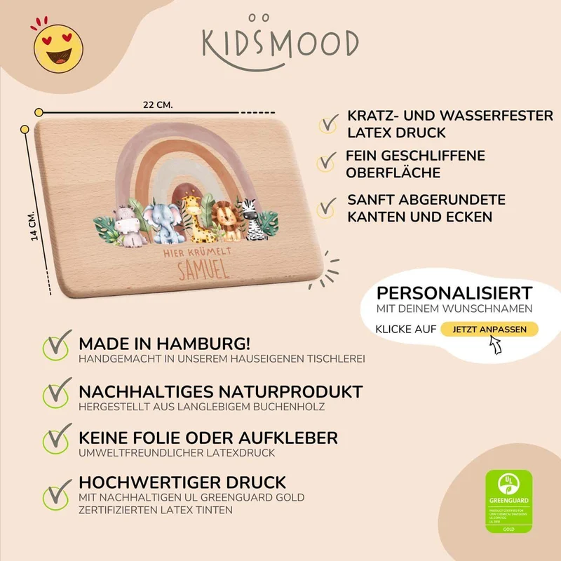 Frühstücksbrettchen Holz personalisiert - Tierfamilie unter Regenbogen