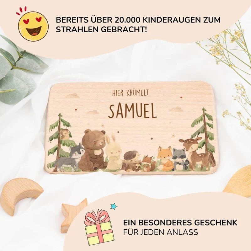 Frühstücksbrettchen Holz personalisiert - Waldtiere