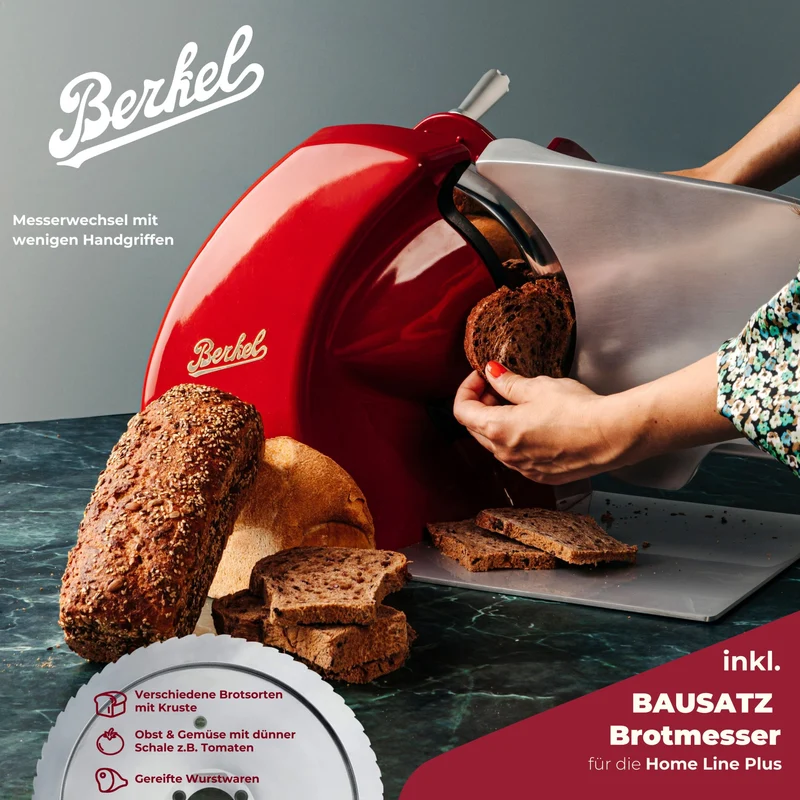 Berkel Home Line 200 Plus rot Matt – Aufschnittmaschine + Schneidebrett + Wellenschliff-Bausatz für Brot