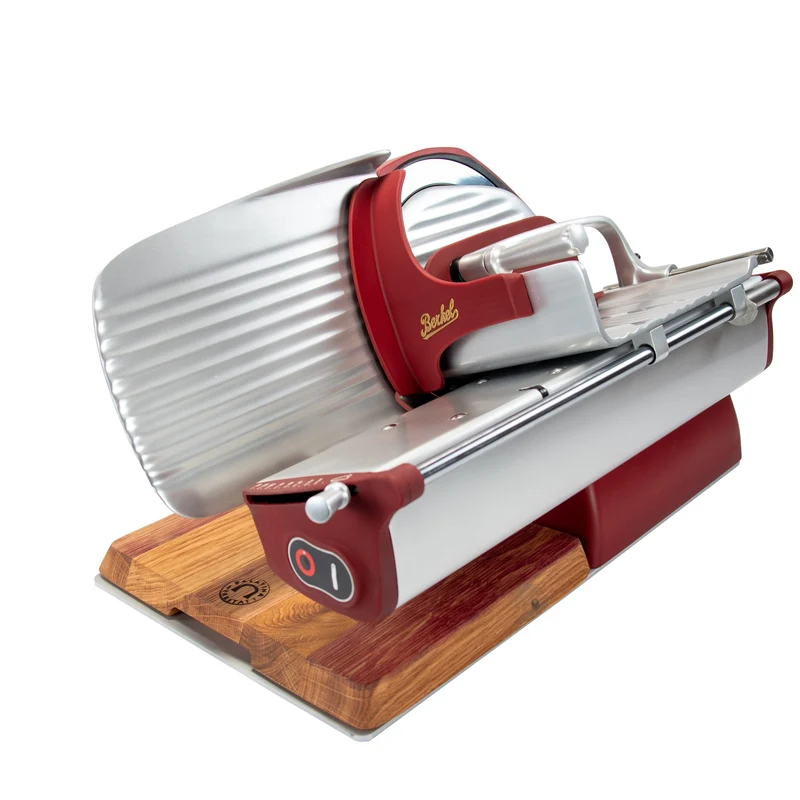 Berkel Home Line 200 Plus rot Matt – Aufschnittmaschine + Schneidebrett + Wellenschliff-Bausatz für Brot