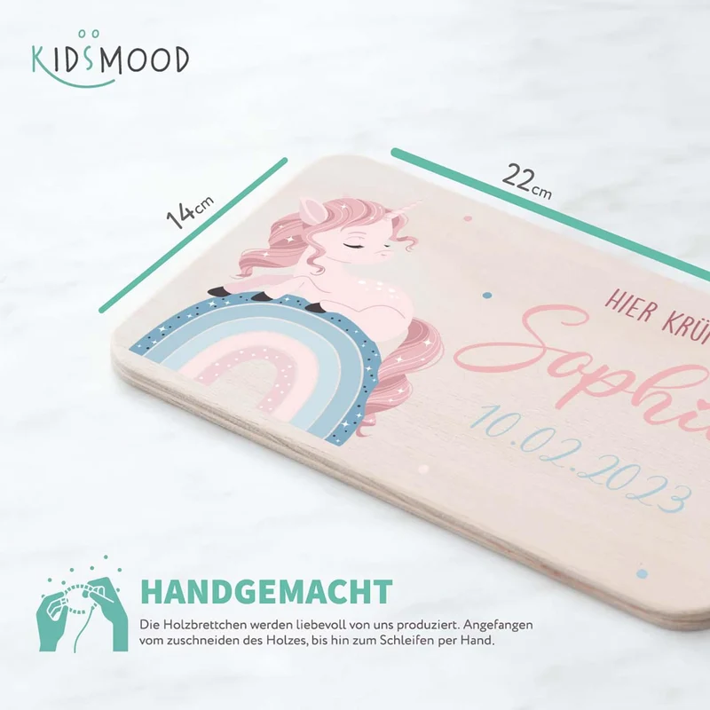 Frühstücksbrettchen Holz Einhorn Regenbogen