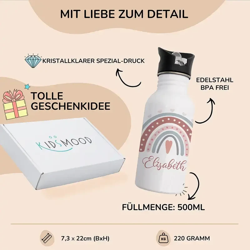 Trinkflasche Kinder Edelstahl - Regenbogen - Personalisierbar mit Namen