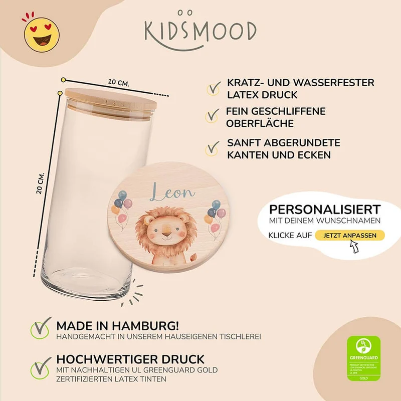 Vorratsglas mit Tierdesign - Kinderzimmer Aufbewahrung mit Namen - 1200ml groß