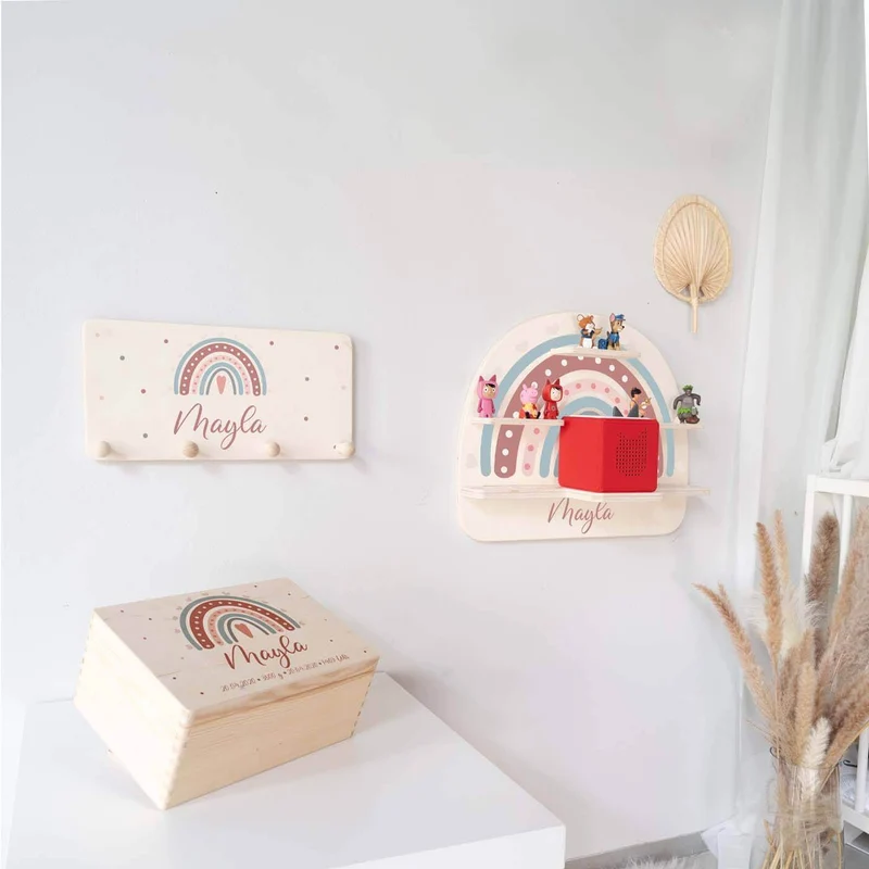 Kinderzimmer Aufbewahrung Regenbogen-Bundle 2: Erinnerungskiste, Tonieregal, Garderobe