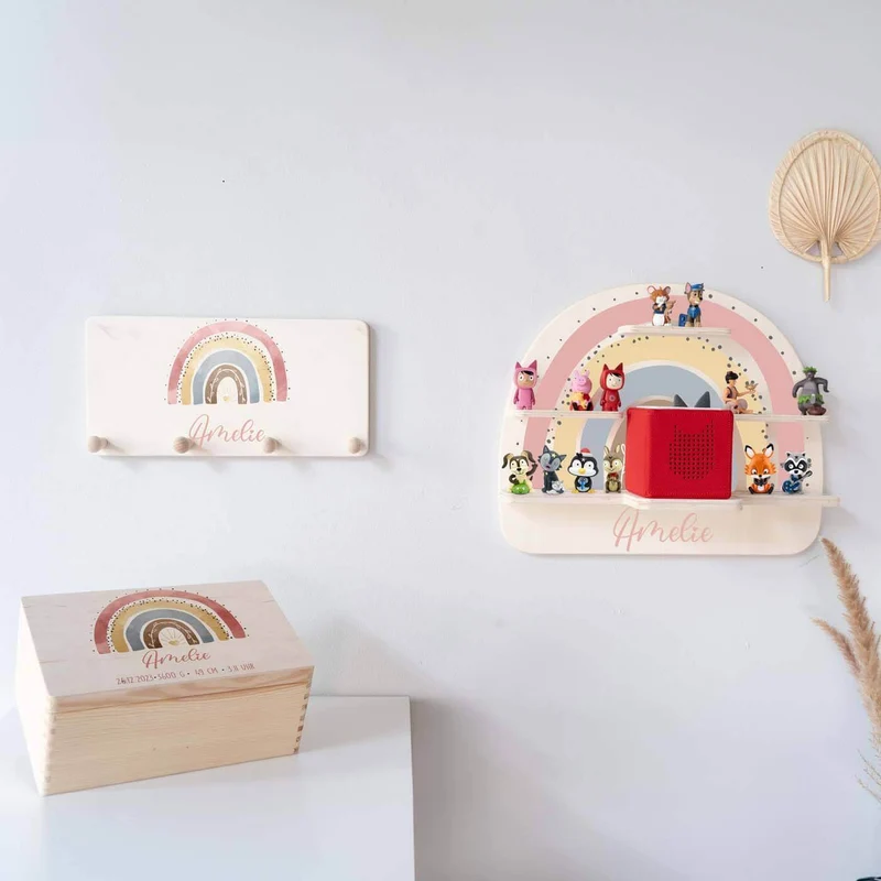 Kinderzimmer Aufbewahrung Regenbogen-Bundle 3: Erinnerungskiste, Tonieregal, Garderobe