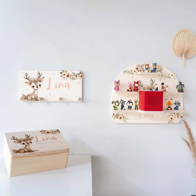 Kinderzimmer Aufbewahrung Reh-Bundle: Erinnerungskiste, Tonieregal, Garderobe