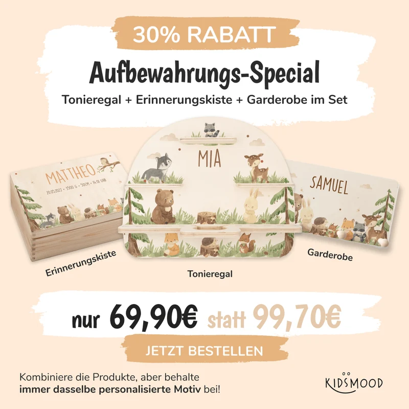Kinderzimmer Aufbewahrung niedliche Waldtiere-Bundle: Erinnerungskiste, Tonieregal, Garderobe