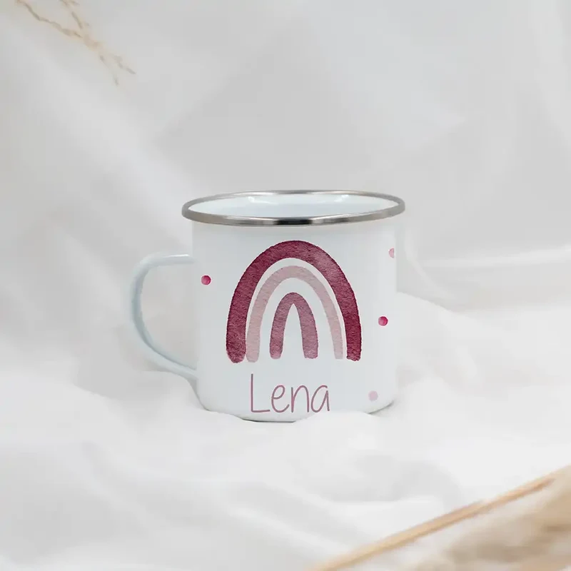 Emaille Tasse personalisiert - Regenbogen mit Punkten