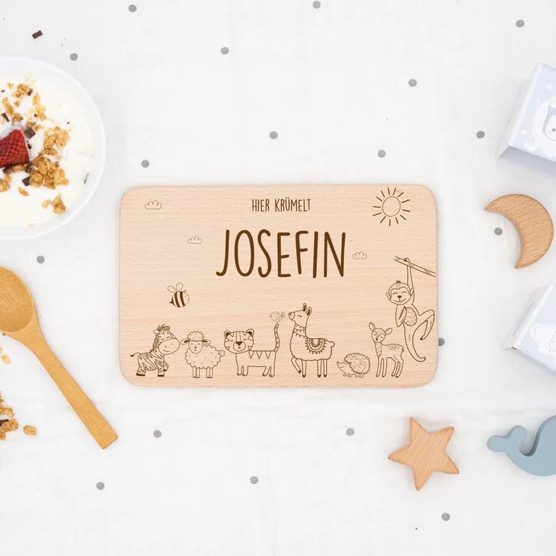 Frühstücksbrettchen Holz personalisiert - niedliche Tiermotive