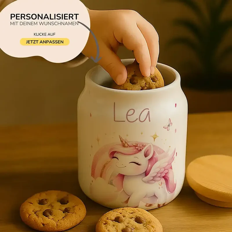 Personalisierbare Keksdose mit Name - Einhorn Regenbogen