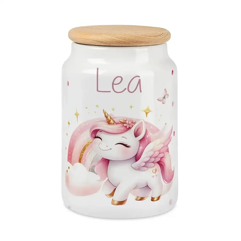 Personalisierbare Keksdose mit Name - Einhorn Regenbogen