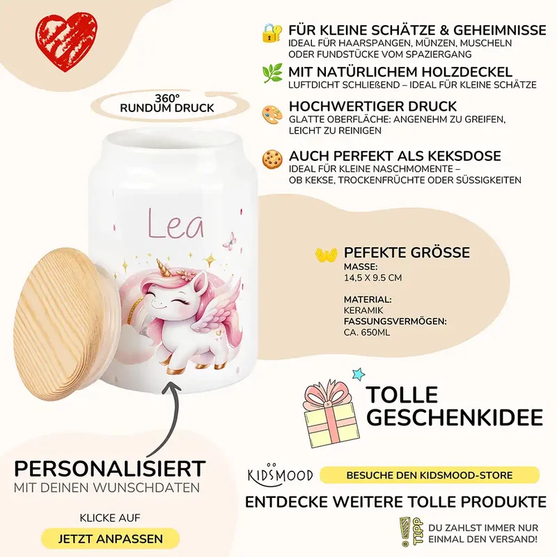 Personalisierbare Keksdose mit Name - Einhorn Regenbogen