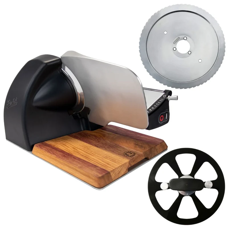 Berkel Home Line 200 Plus Schwarz Matt – Aufschnittmaschine mit handgefertigtem Unikat-Schneidebrett & Wellenschliff-Bausatz für Brot