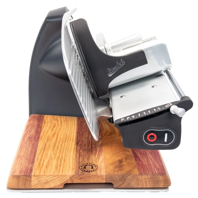Berkel Home Line 200 Plus Schwarz Matt – Aufschnittmaschine mit handgefertigtem Unikat-Schneidebrett & Wellenschliff-Bausatz für Brot