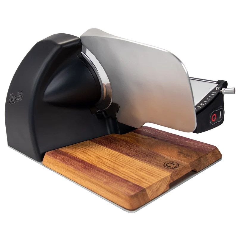 Berkel Home Line 200 Plus Schwarz Matt – Aufschnittmaschine mit handgefertigtem Unikat-Schneidebrett & Wellenschliff-Bausatz für Brot