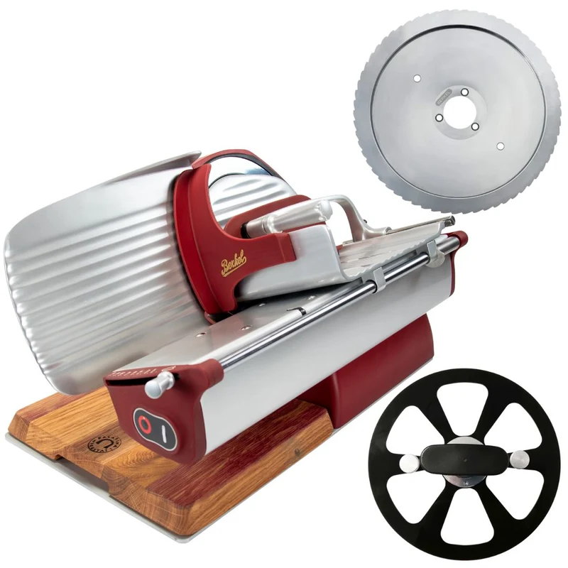 Berkel Home Line 250 Plus Rot Matt – Aufschnittmaschine mit handgefertigtem Unikat-Schneidebrett & Wellenschliff-Bausatz für Brot