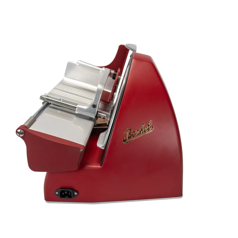Berkel Home Line 250 Plus Rot Matt – Aufschnittmaschine mit handgefertigtem Unikat-Schneidebrett & Wellenschliff-Bausatz für Brot