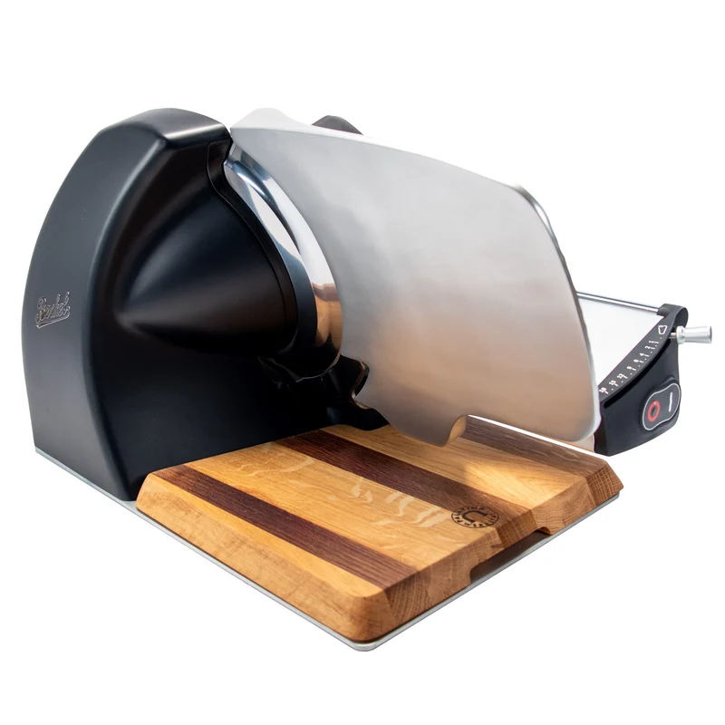 Berkel Home Line 250 Plus Schwarz Matt – Allesschneider + handgefertigtem Schneidebrett + Wellenschliff-Bausatz für Brot